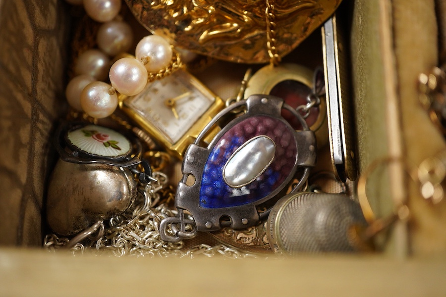 A collection of jewellery, comprising: a pair of sapphire and diamond drop earrings; an Arts & Crafts mother of pearl silver and enamel pendant, length 5.4cm, maker's mark JF, British hallmarks; a turquoise pendant; a 9c